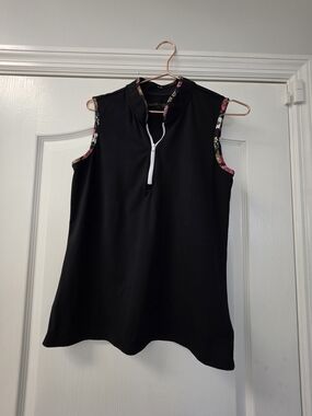 Black Sleeveless Golf Polo with Floral Trim - Elegant Active Top